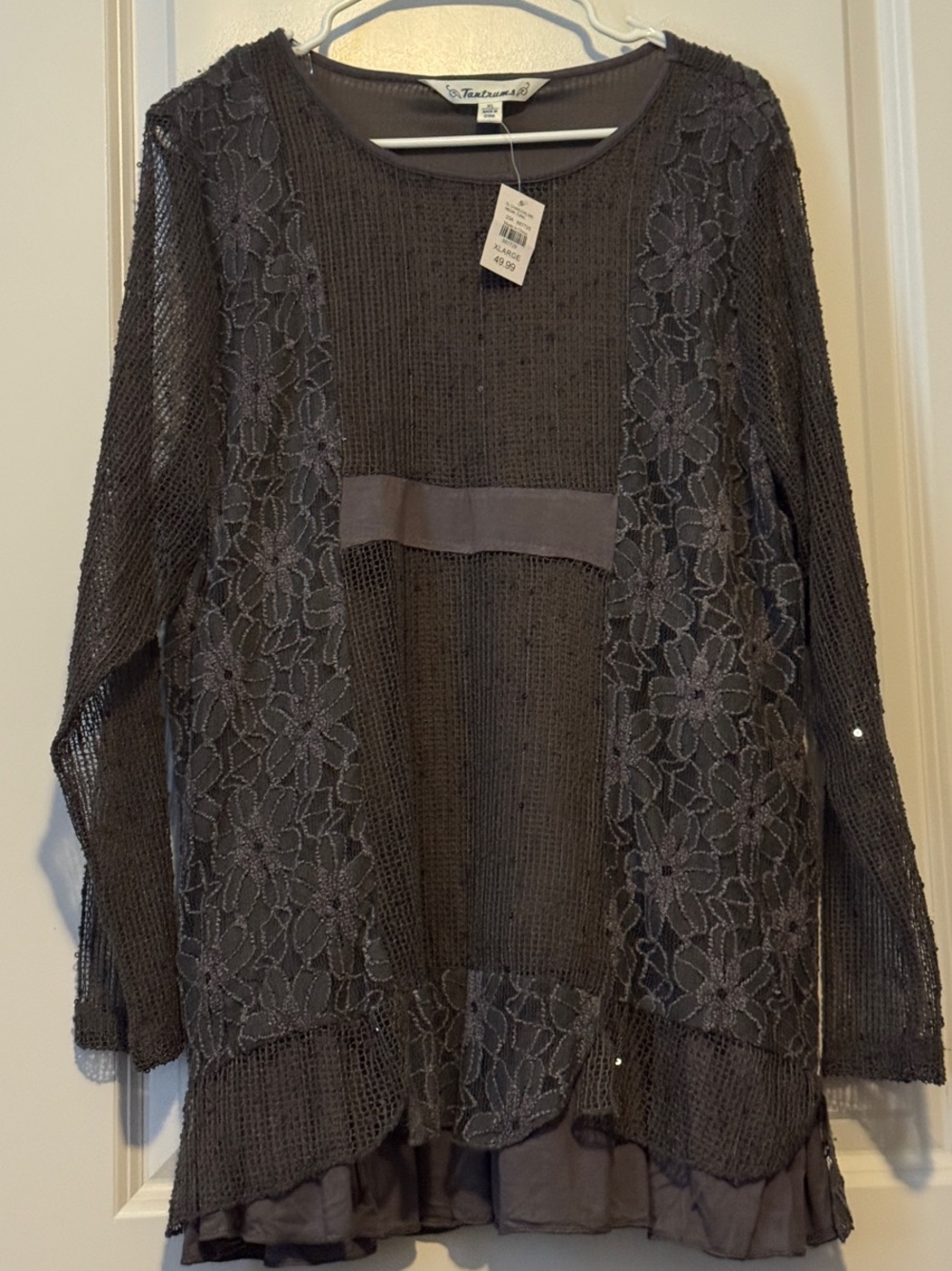 Tantrums Charcoal Lace Layered Knit Scoop Neck Top
